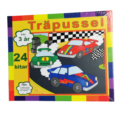 Träpussel med tävlingsbilar och 24 bitar