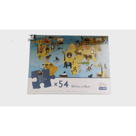 Pussel världskarta med 54 bitar, storlek 29,7 x 42 cm, pedagogiskt och roligt för både barn och vuxna.