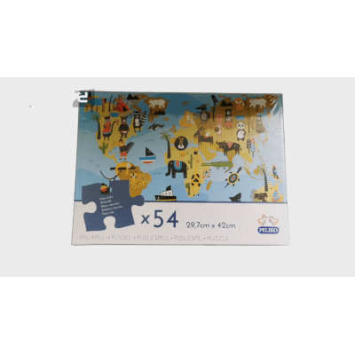 Pussel världskarta med 54 bitar, storlek 29,7 x 42 cm, pedagogiskt och roligt för både barn och vuxna.