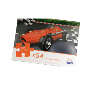 Pussel med 54 bitar och motiv av en rallybil, storlek 29,7 x 42 cm, perfekt för barn och vuxna som gillar motorsport och pussel.