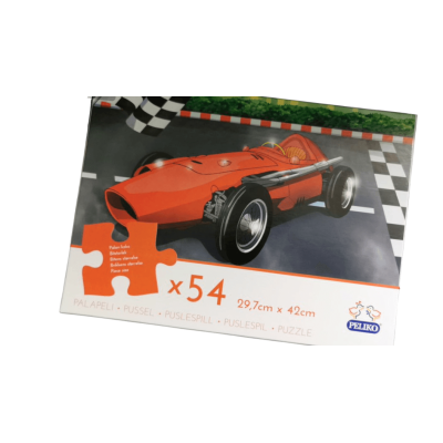 Pussel med 54 bitar och motiv av en rallybil, storlek 29,7 x 42 cm, perfekt för barn och vuxna som gillar motorsport och pussel.