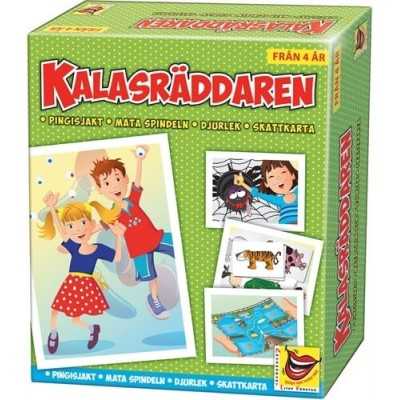 Kalasräddaren Spel med fyra lekar för barnkalas: Pingisjakten, Mata spindeln, Djurleken, Skattkartan.