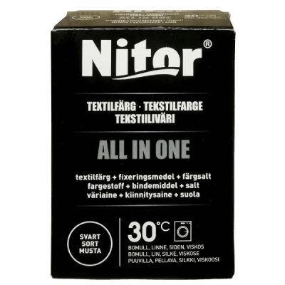 Svart Nitor Textilfärg 230g All In One för textil, med färg, fixeringsmedel och salt i en förpackning.