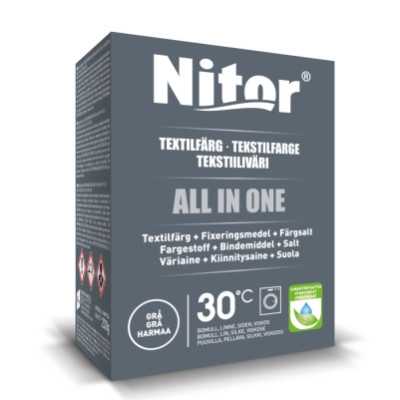 Nitor Textilfärg 350g All In One Grå – Komplett lösning för färgning av bomull och linne.