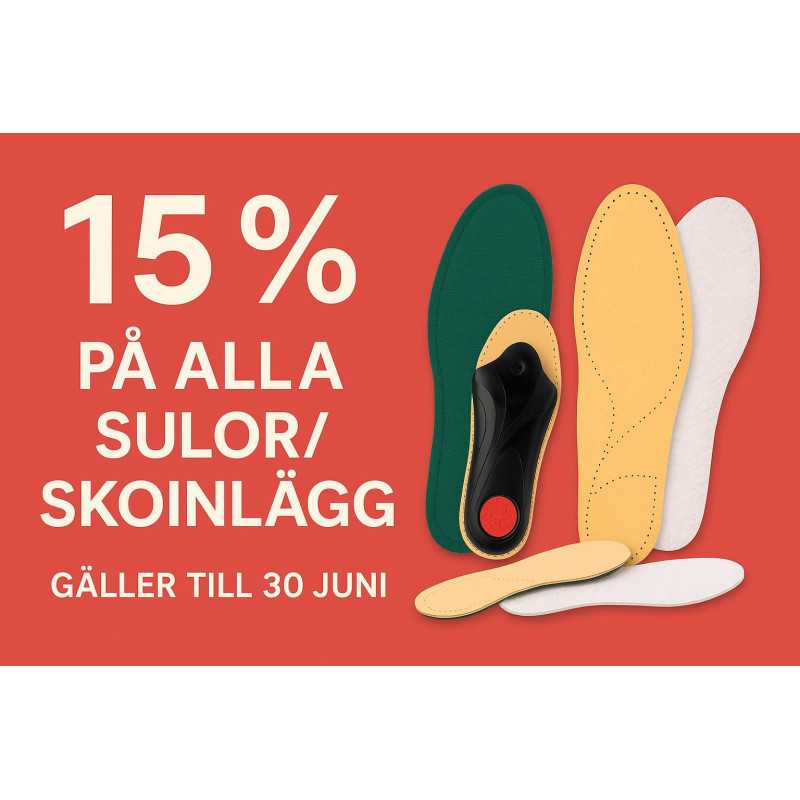 15 procent rabatt på alla sulor och skoinlägg – gäller till 30 juni
