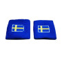 Två blåa svettband med broderad svensk flagga, elastiska och bekväma