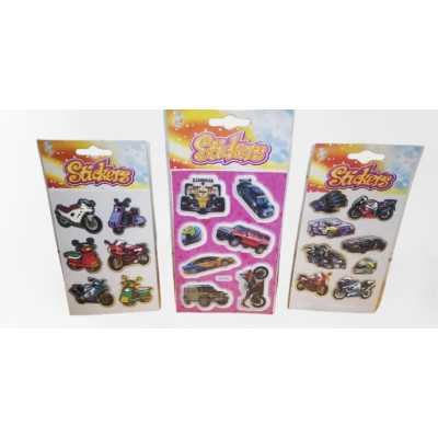 Tre ark 3D stickers med tävlingsbilar och motorcyklar