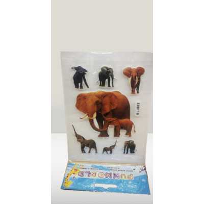 Självhäftande 3D-stickers med elefanter i olika poser på transparent plastkarta