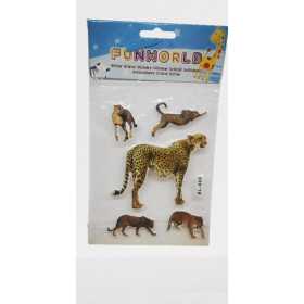 Stickerark med geparder och leoparder i olika poser, med 3D-effekt och glitter