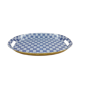 Oval bricka med handtag i blåvitt mönster 34x25 cm
