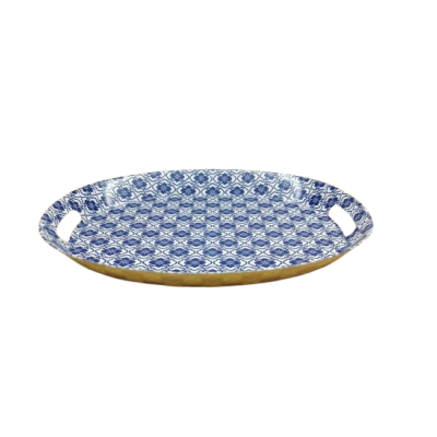 Oval bricka med handtag i blåvitt mönster 34x25 cm