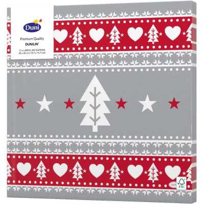 Duni Dunilin servetter i grått, rött och vitt med julmönster av hjärtan, stjärnor och granar – 40x40 cm, 12 st per förpackning.