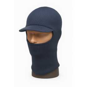 Stickad marinblå balaclava med skärm, visad på mannequin, idealisk för vinter och utomhusaktiviteter. Finns i tre färger.