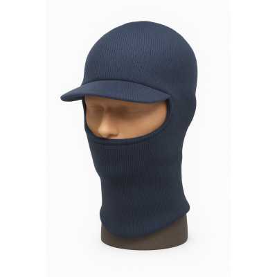 Stickad marinblå balaclava med skärm, visad på mannequin, idealisk för vinter och utomhusaktiviteter. Finns i tre färger.