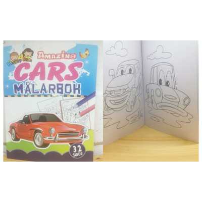 Målarbok med bilmotiv – framsida och insida, 32 sidor att färglägga