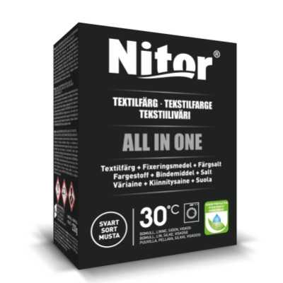 Nitor All in One textilfärg svart 230 g på ljus studiobakgrund.