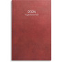 Dagbokskalender 2026 i rött konstläder med liggande veckouppslag