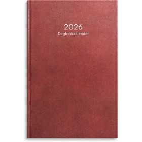 Dagbokskalender 2026 i rött konstläder med liggande veckouppslag