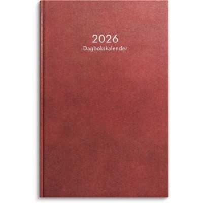 Dagbokskalender 2026 i rött konstläder med liggande veckouppslag