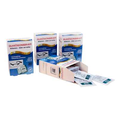 Förfuktade servetter för glasögon och linser med antistat och immskydd