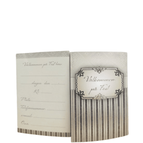 Dubbla inbjudningskort med text ”Välkommen till fest” och kuvert