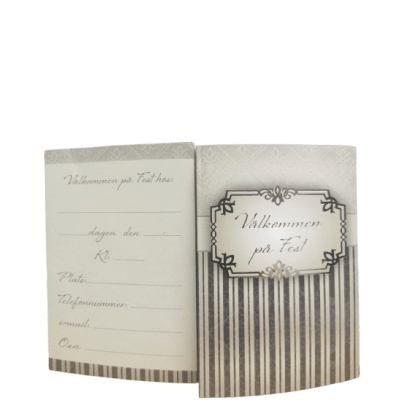 Dubbla kort med text “Välkommen till fest” och kuvert, 5-pack