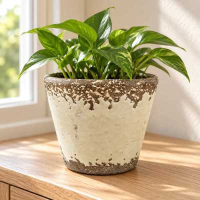 Cremevit kruka Alba från CaesarCollection med grön växt och rustika bruna detaljer