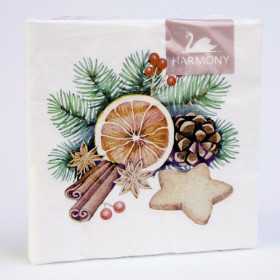 Harmony julservetter med apelsinskiva, kanelstänger, grankvistar och kotte, 33x33 cm, 20-pack