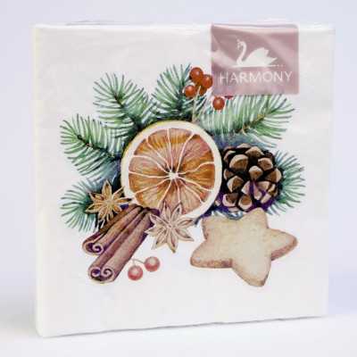 Harmony julservetter med apelsinskiva, kanelstänger, grankvistar och kotte, 33x33 cm, 20-pack