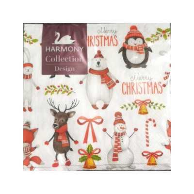 Harmony julservetter med snögubbar, pingviner, renar och julklappar, 33x33 cm, 20-pack