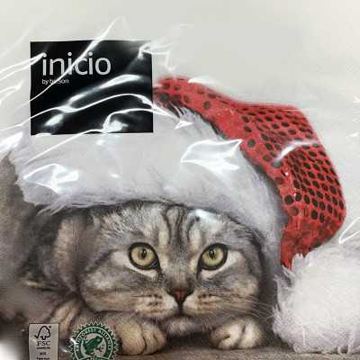 Inicio julservetter med grå katt i röd tomteluva, 40x40 cm, 20-pack