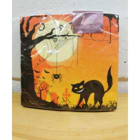Harmony halloweenservetter med svart katt, måne, spindelnät och fladdermöss på orangegul bakgrund, 33x33 cm, 20-pack