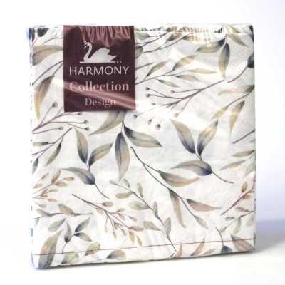Harmony servetter med blad och kvistar i gröna, grå och beige toner på vit botten, 33x33 cm, 20-pack
