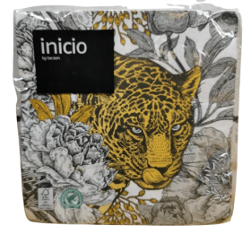 Inicio Golden Tiger-servetter med guldgult tigermotiv bland grå blommor och blad, 33x33 cm, 20-pack
