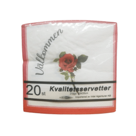 Vita servetter med röd ros, röd kant och texten Välkommen, 20-pack