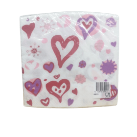 Vita servetter med hjärtan i rött, rosa och lila, 33x33 cm i 20-pack