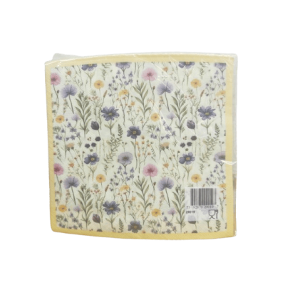 Servetter med ängsblommor i lila, rosa och gult samt ljusgul kant, 33x33 cm i 20-pack