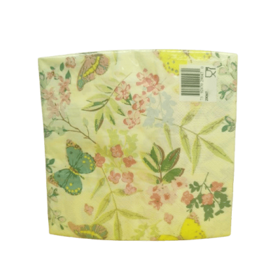 Ljusgula servetter med fjärilar, rosa blommor och gröna blad, 33x33 cm i 20-pack