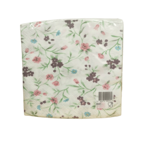 Småblommiga servetter med rosa, blå och mörklila blommor och gröna kvistar, 33x33 cm i 20-pack