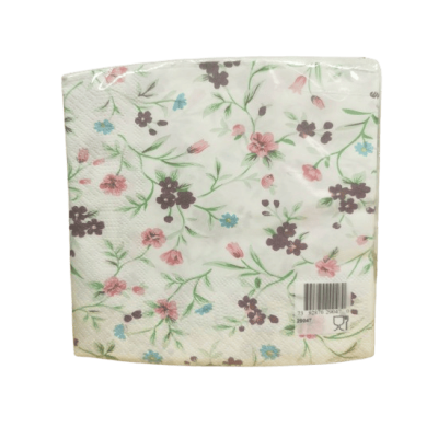 Småblommiga servetter med rosa, blå och mörklila blommor och gröna kvistar, 33x33 cm i 20-pack