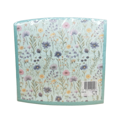 Servetter med färgglada ängsblommor på ljusblå bakgrund med turkos kant, 33x33 cm i 20-pack