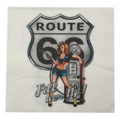 Servetter med Route 66-skylt, retrobensinpump och pinupfigur, 33x33 cm i 20-pack