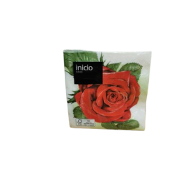 Inicio kaffeservetter med stor röd ros och gröna blad mot vit bakgrund, 25x25 cm i 20-pack