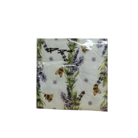 Inicio kaffeservetter med lila lavendel, gröna kvistar och bin mot ljus bakgrund, 25x25 cm i 20-pack