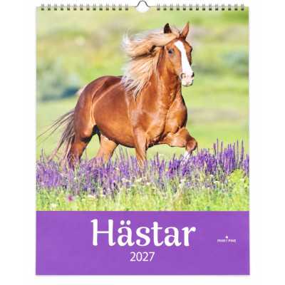 Hästkalender 2027 från Pinky Pine med häst bland lila blommor på omslaget