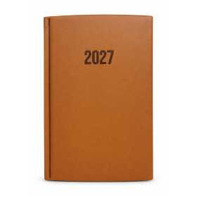 Kalender 2027 med brunt omslag i konstläder och präglat årtal